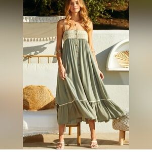 Ces Femme Dress Womens L XL Smocking Peasant Ruffle Embroidered Olive Cottage